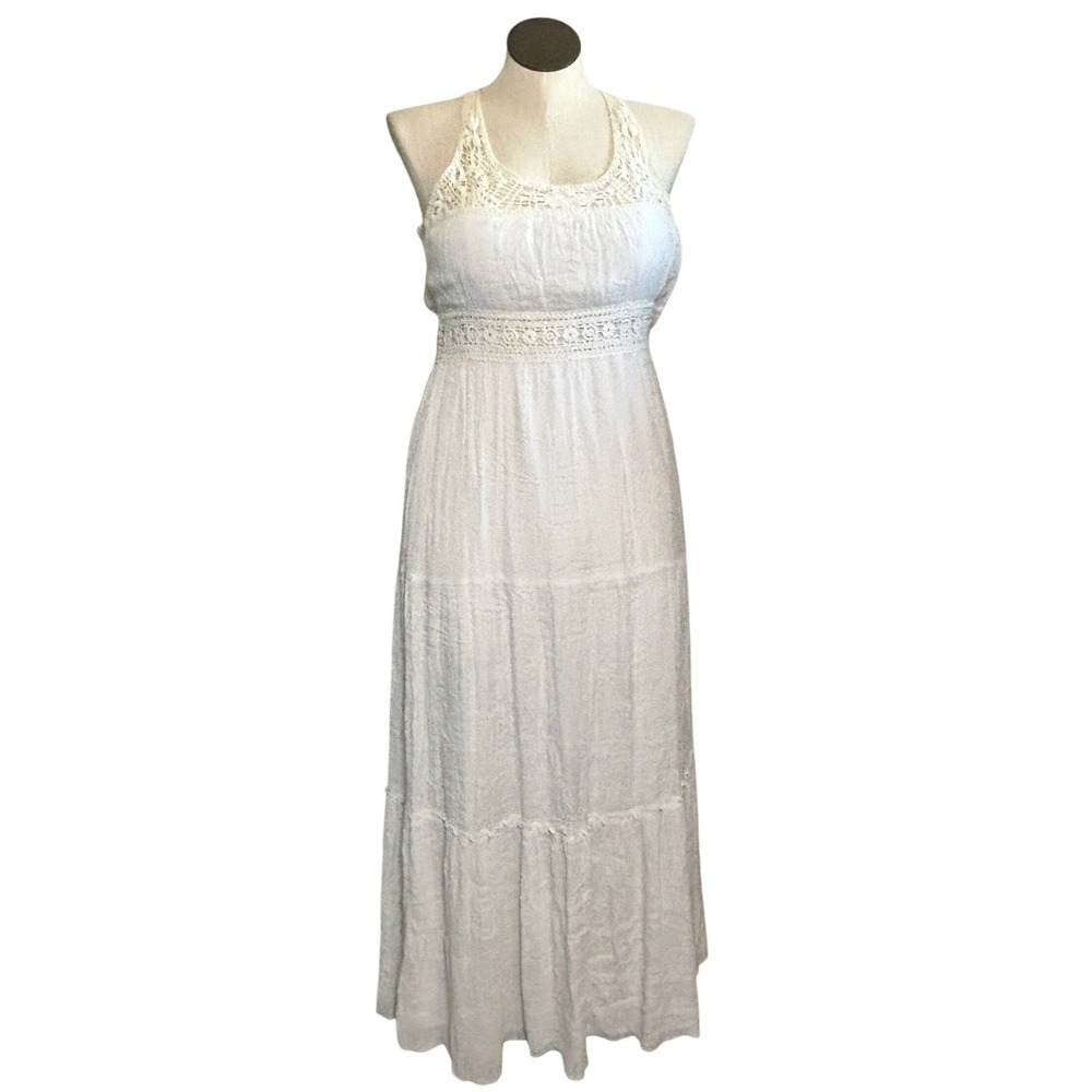 J.M.P. Women White Crochet Lace Tiered Maxi Dress Halter Boho Crinkle Gauze L